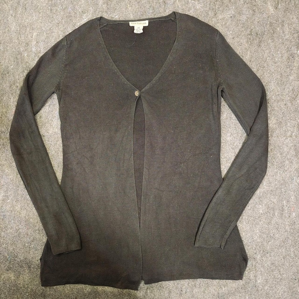 Ann Taylor 100% Silk Single-Button Knit Cardigan Charcoal XS